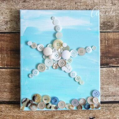 Easy Crafts For Elderly Nursing Homes, June Ideas, Button Art On Canvas, Beach Crafts For Kids, Starfish Craft, Starfish Wall Art, Button Canvas, August Crafts, Therapeutic Recreation