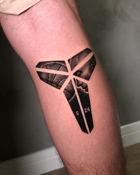 Knicks Tattoo Ideas, Kobe Bryant Inspired Tattoos, Kobe Tattoo Ideas For Men, Black Mamba Tattoo Kobe Bryant, Laker Tattoos, Kobe Bryant Logo Tattoo, Leg Tattoo Men Basketball, Kobe Mamba Tattoo, Nba Tattoo Ideas