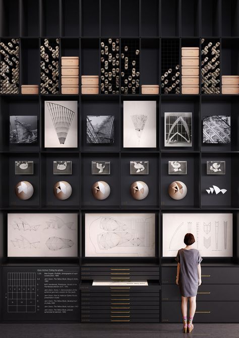 TRIAS has created a speculative museum proposal for the MA | UA (Museum of Architecture | Utzon Archive), a permanent exhibition space for Danish... Jorn Utzon, Museum Displays, Showroom Design, Exhibition Display, Retail Interior, Decoration Bedroom, Museum Exhibition, Exhibition Space, Display Design