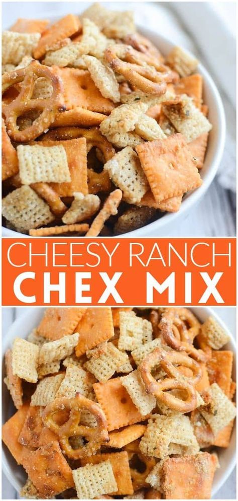 Chex cereal, crackers, and pretzels are coated in a delicious parmesan and ranch seasoning in this Cheesy Ranch Chex Mix. It is seriously addictive! Cheesy Ranch Chex Mix, Ranch Chex Mix Recipes, Ranch Chex, Chex Party Mix Recipe, Ranch Chex Mix, Party Mix Recipe, Chex Party Mix, Cheesy Ranch, Chex Cereal