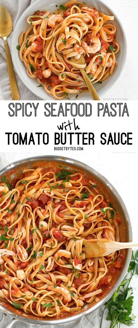 Spicy Seafood Pasta with Tomato Butter Sauce is a simple go-to weeknight dinner that can be made with pantry staples. @budgetbytes Spicy Seafood Pasta, Tomato Butter Sauce, Pasta Seafood, Spicy Seafood, Tomato Butter, Seafood Pasta Recipes, Spicy Shrimp, Seafood Pasta, Seafood Dinner