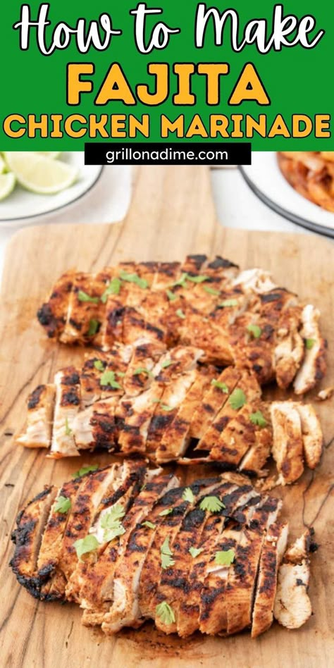 This Chicken Fajita Marinade is the blend of spices and simple ingredients. Top the chicken on a flour tortilla for a delicious meal idea. This delicious marinade is quick and easy to prep and gives your chicken so much flavor. Feel free to change the seasoning for a delicious weeknight meal. #grillonadime #fajitachickenmarinade #chickenmarinaderecipe Chicken Fajitas Marinade Recipe, Authentic Chicken Fajita Recipe, Fajita Chicken Marinade, Chicken Fajita Marinade, Chicken Fajitas Seasoning, Mexican Chicken Marinade, Grilled Chicken Fajitas, Fajita Seasoning Recipe, Easy Chicken Fajitas