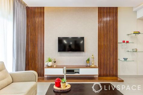 3 bhk house-tv unit design-wooden slats Flat Interior Design, Modern Tv Unit Designs, Tv Unit Furniture Design, Tv Unit Interior Design, Tv Unit Furniture, Modern Tv Units, Living Room Tv Unit Designs, Living Room Tv Unit, Tv Room Design