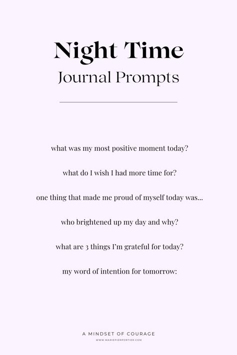 Reflect, unwind and set intentions for the next day to come with these night time journal prompts. Develop the habit of journaling daily and see how it will transform your mindset, your mood and your life! Click for more prompts. #journaling #mindset #selfgrowth #selfcare Journaling For Positive Mindset, Night Time Journaling Ideas, Daily Reflections For Work, Journal Prompts For Feelings, Light Journal Prompts, Journaling Ideas Daily, Prompt For Journal, Journal Prompts At Night, How To Reflect On Your Day