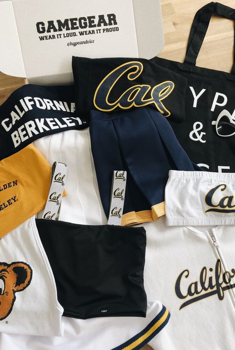 Cal Berkeley's favorite college apparel!! University Of Berkeley, Cute College Apparel, College Merch Aesthetic, Berkley University Aesthetic, Berkeley University Aesthetic, American College Aesthetic, College Acceptance Aesthetic, College Athlete Aesthetic, Uc Berkeley Aesthetic