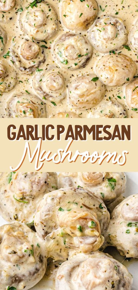 Garlic Parmesan Mushrooms Button Mushroom Recipes Side Dishes, Side Dish Mushrooms, Easy Recipes With Mushrooms, Parmesan Crusted Mushrooms, Easy Mushroom Side Dish, Brown Foods For Party, Mushroom Lunch Ideas, Mushroom Recipes Side Dishes, Mushroom Snack Recipes