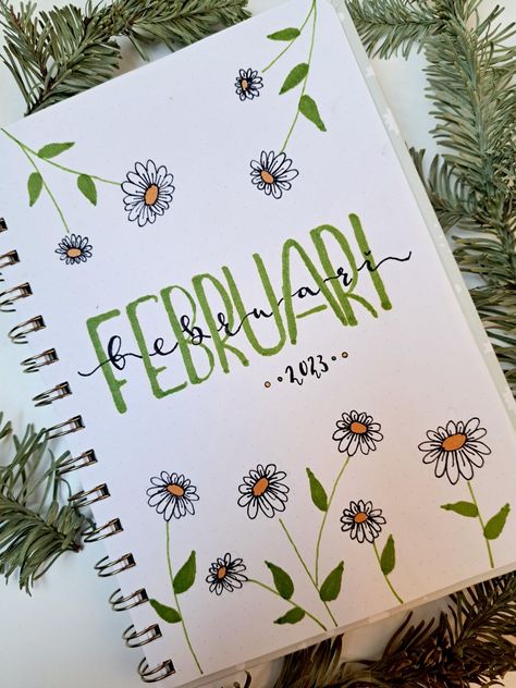 #bulletjournal #flowers #februari #handlettering 💚💛🩶 Assainment Cover Design, February Bullet Journal, Bullet Journal Month, School Book Covers, Bullet Journal Ideas Templates, Front Page Design, Creating A Bullet Journal, Bullet Journal Cover Ideas, Bond Paper Design