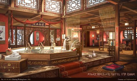 ArtStation - Asian open-air hotel VIP room Japanese Bath House, Chinese Room, Chinese Background, Chinese House, Ancient Chinese Architecture, Japanese Style House, Chinese Aesthetic, Fantasy Rooms, Rustic Bathroom Designs