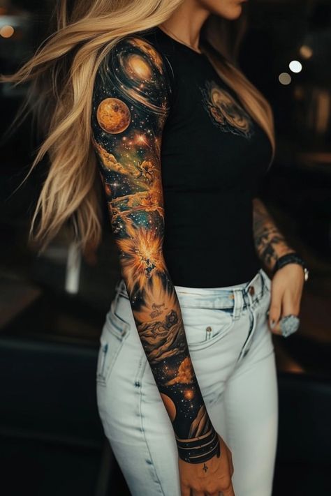 Galaxy Themed Tattoo Sleeve, Space Rib Tattoo, Galaxy Arm Sleeve Tattoo, Nebula Tattoo Galaxies, Tattoo Ideas Female Space, Book Space Tattoo, Shoulder Arm Sleeve Tattoos For Women, Spaced Out Sleeve Tattoo Women, Planets Tattoo Ideas