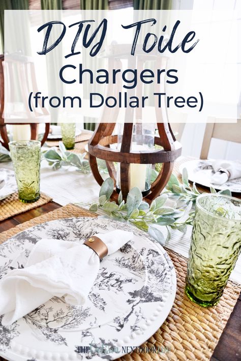 DIY Toile Chargers from Dollar Tree - The Latina Next Door Make A Tablecloth, Charger Plates Diy, Dollar Tree Plates, Dollar Store Christmas Decorations, Diy Chargers, Christmas Dining Table Decor, Christmas Dining Table, Diy Napkins, Plates Diy