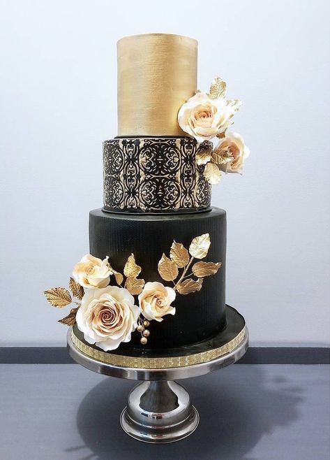 Black And Gold Wedding Cake, Great Gatsby Cake, 3 Tier Birthday Cake, Art Deco Wedding Cake, Gothic Cake, Black And Gold Cake, Elegant Cake Design, 50th Anniversary Cakes, Black And Gold Wedding