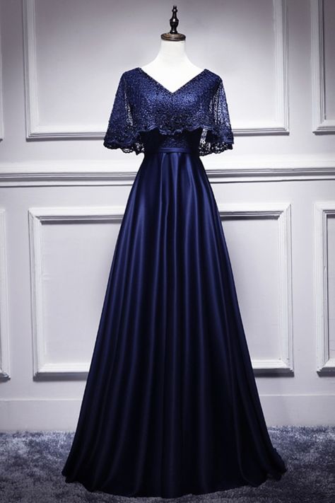 Navy Blue Lace Prom Dress, High Low Evening Dresses, Embroidered Beads, Off Shoulder Evening Dress, Dress Elegant Long, Prom Inspo, Elegant Prom, Gaun Fashion, Evening Dresses With Sleeves