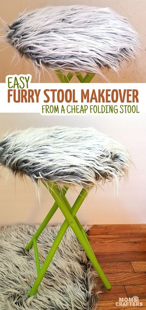 This fur stool makeover has IMPACT! It took me about half an hour including drying time... it's an easy DIY bar stool makeover that was done on a metal stool but works on wooden stools too. It's great for craft room or a teen girl's bedroom decor idea, use a round stool to sit, dress, or even as a night stand! Bedrooms Simple, Preteen Bedroom, Bar Stool Makeover, Stool Makeover, Girl Dresser, Furniture Sketch, Bedroom Furniture Makeover, Girl Bedrooms, Bedroom Decor For Teen Girls