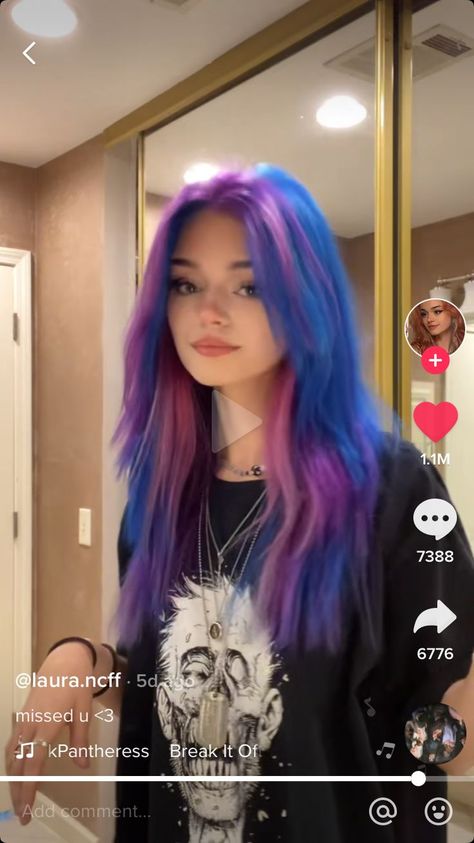 Hot Hair Dye Ideas, Blue Hair With Pink Money Piece, Vibrant Hair Color Ideas Summer, Multiple Color Hair Dye Ideas, Blue And Purple Hair Split, Pink And Blue Hair Aesthetic, Green And Pink Dyed Hair, Hair Dye Ideas Bright, Blue And Purple Dyed Hair