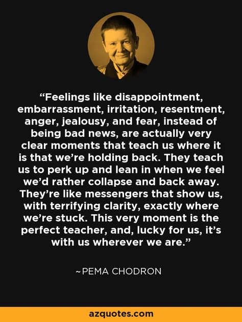 Feelings like disappointment, embarrassment, irritation, resentment, anger, jealousy, and fear, instead of being bad news, are actually very clear moments that teach us where it is that we’re holding back. They teach us to perk up and lean in when we feel we’d rather collapse and back away. They’re like messengers that show us, with terrifying clarity, exactly where we’re stuck. This very moment is the perfect teacher, and, lucky for us, it’s with us wherever we are. - Pema Chodron Pema Chodron Quotes, Pema Chödrön, Eckhart Tolle Quotes, Pema Chodron, Buddhist Wisdom, Lean In, Relationship Lessons, Bad News, Show Us