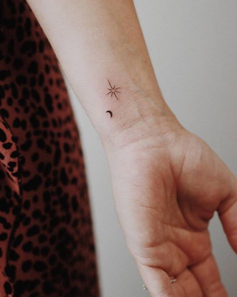 Minimalist north star and crescent moon tattoo on the Small Tattoo Moon And Star, Minimalist Star And Moon Tattoo, Dainty Moon And Stars Tattoo, Mini Moon And Star Tattoo, Moon With Lines Tattoo, Moon Star Matching Tattoos, Small Crescent Moon Tattoo Wrist, Minimal North Star Tattoo, Star And Crescent Tattoo