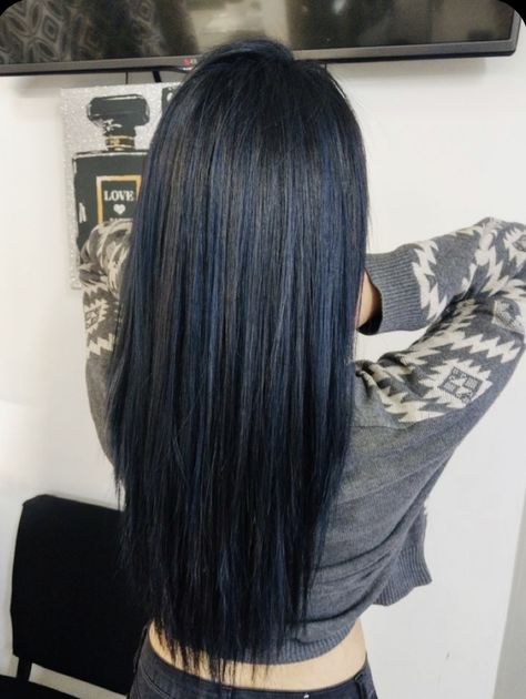 Blue Over Black Hair, Blue Hair Highlights Straight Hair, Asian Blue Black Hair, Dark Blue With Black Hair, Blue Black Hair With Blue Highlights, Black Hair Dyed Blue, Black Hair With Hint Of Blue, Dark Blue Layered Hair, Deep Blue Black Hair