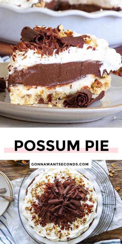 *NEW* My possum pie is a cool, creamy, southern pie perfect for any occasion. A decadent triple layer filling is cradled is a buttery pecan shortbread crust. #southernpie #possumpie Pecan Pie Lasagna, Cushaw Pie Recipe, Pecan Shortbread Crust, Refrigerator Desserts, Possum Pie, Dessert Lasagna, Yummy Pies, Pecan Shortbread, Favorite Pie Recipes