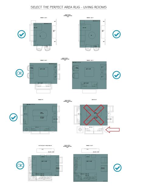 Living room area rug sizes - two options of rug sizes per living room furniture grouping Rug Size Guide Living Room, Area Rug Size Guide, Rugs Layout, Home Decorating Ideas Living Room, Area Rug Placement, Living Room Rug Placement, Living Room Rug Size, Rug Over Carpet, Rug Placement