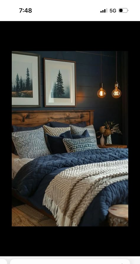 Dark Blue Bedrooms, Bedroom Stuff, Spare Bedroom, Blue Bedroom, Master Bedrooms Decor, Remodel Bedroom, Rustic Bedroom, Dream Bedroom, Bedroom Colors