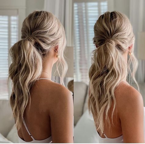 Wavy Ponytail Wedding, Simple Hairstyles For Curled Hair, Pony Tail Hoco Hair Styles, Low Pony For Prom, Low Curled Ponytail Wedding, Serena Vanderwoodsen Ponytail, Messy Ponytail Updo Wedding, Bride Messy Ponytail, Bridal Hairstyles Low Ponytail