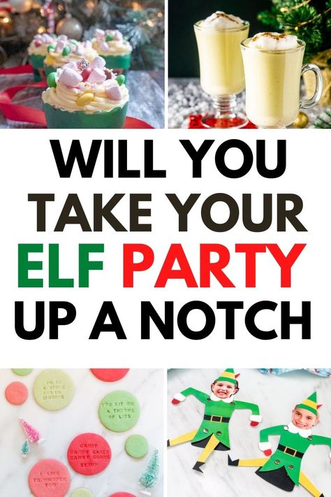 Buddy The Elf Cocktail, Elf Dinner Party, Elf Movie Party Games, Elf Holiday Party Ideas, Elf Christmas Party Food, Elfed Up Christmas Party, Buddy The Elf Dinner Party, Elf Party Games, Elf Viewing Party