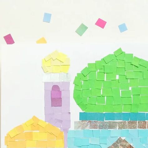 Dr. Nida Tariq on Instagram: "MOSAIC MOSQUE COLLAGE 🕌 I'm keeping activities simple for my kids during Ramadan. And this is one of them, simple yet so much fun! They both took a good 1 hour in doing this, and all they need are white cardsheet (I drew a mosque template with pencil), coloured paper strips cut into squares pieces and glue for sticking. . . . #CraftYourRamadan #muslimkids_crafts #ramadancrafts #ramadanactivities #ramadankidsactivities #ramazanetkinlikleri #ramazan #ramadhan #ramza Mosque Crafts For Kids, Ramadan Collage, Mosque Template, Mosque Drawing, Muslim Kids Crafts, Instagram Mosaic, Ramadan Activity, Ramadan Activities, Mosque Art