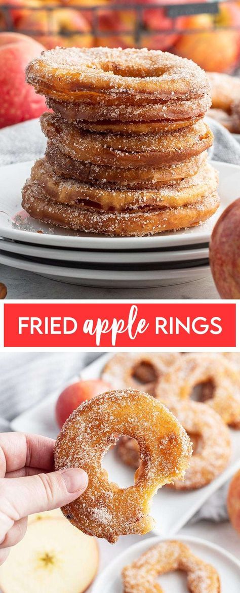 These fried apple rings are the perfect fall treat. They're made with sliced apple rings, dipped in batter and deep fried and covered in cinnamon sugar. They are the perfect flavors of fall in one bite. Fried Apples Rings Recipe, What To Make With Apples Desserts, Battered Apple Rings, Apple Cinnamon Rings Recipe, Apple Slice Doughnut, Apple Donuts Recipe Fried, Apple Cinnamon Doughnut Recipe, Caramel Apple Donut Ring With Vanilla Sauce, Cinnamon Apple Rings Recipe