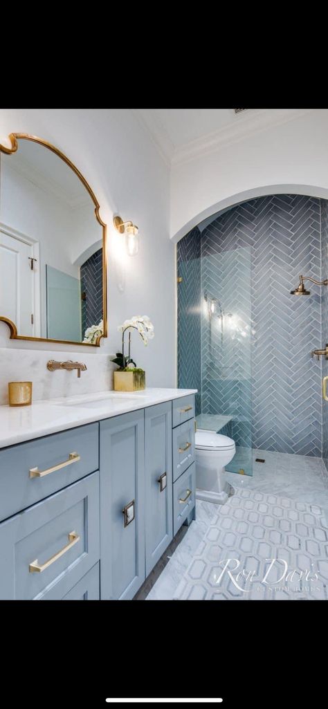 House Paint Design, Blue Shower Tile, Light Blue Bathroom, Tiled Bathroom, Blue Bathroom Tile, Blue Bathroom Vanity, New House Bathroom, Childrens Bathroom, Sophisticated Bathroom