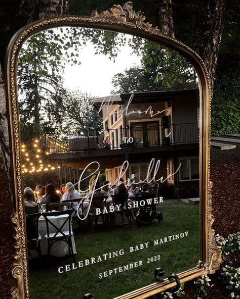 Gold Mirror Baby Shower, Mirror Welcome Baby Shower Sign, Fall Baby Shower Welcome Sign, Baby Shower Welcome Sign Mirror, Mirror Baby Shower Sign, Gift Opening Chair Shower Ideas, Baby Shower Venue Decor, Baby Shower Sign Mirror, Baby Shower Mirror Sign