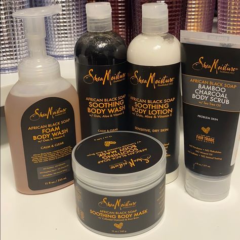 Shea Moisture Bath Care Set - African Black Soap. 5 Items Included. All Items Are Brand New, Sealed. Includes: - Bamboo Charcoal Body Scrub 6oz - Soothing Body Mask 12oz - Soothing Body Lotion 13oz - Soothing Body Wash 13oz - Foam Body Wash 11oz Shea Moisture African Black Soap, African Body Products, African Soap Skin Care, African Body Care Products, West African Body Care, African Body Care Routine, African Bodycare, African Body Care, Wonyoungism Mindset