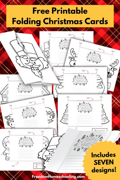 Our set of free printable Christmas cards includes seven different designs. All you need are crayons and scissors to make these cards. Holiday Card Template Free Printable, Christmas Thank You Cards Diy, Folding Christmas Cards, Christmas Craft Free Printable, Christmas Card Printable Free Kids, Christmas Folding Cards, Christmas Crafts Free Printable, Free Printable Christmas Cards To Color, Free Printable Christmas Cards For Kids