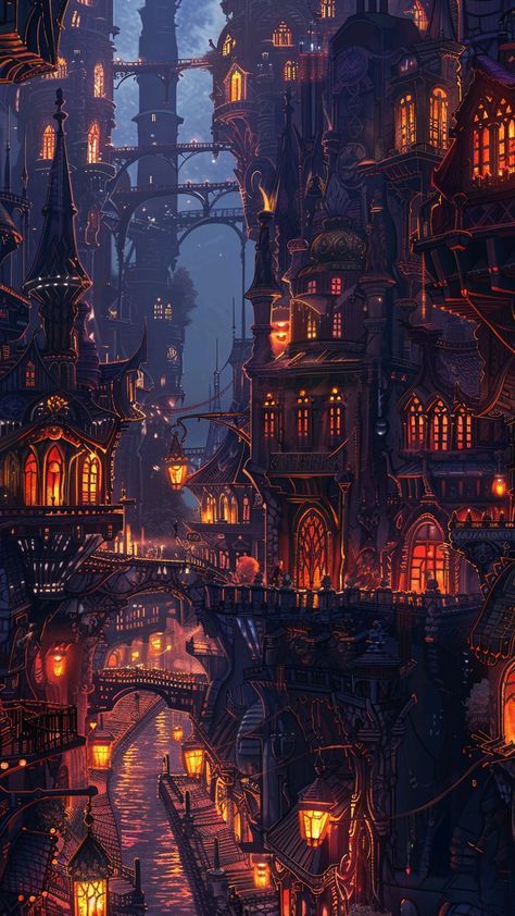 Steampunk Scenery Landscapes, Fantasy Industrial City, Steampunk City Battlemap, Gothic City Fantasy Art, Fantasy City Design, Magicpunk City, Lunarpunk City, Magic City Aesthetic, Steampunk City Aesthetic