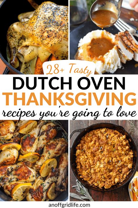 Dutch Oven Thanksgiving Recipes to make in your cast iron dutch oven. Homestead recipes for holiday dinners! Cast Iron Thanksgiving Recipes, Cast Iron Dutch Oven Breakfast Recipes, Dutch Oven Sides, Thanksgiving Dutch Oven Recipes, Dutch Oven Sweet Potatoes, Turkey In Dutch Oven, Dutch Oven Turkey Thanksgiving, Dutch Oven Dip Recipes, Dutch Oven Spare Ribs