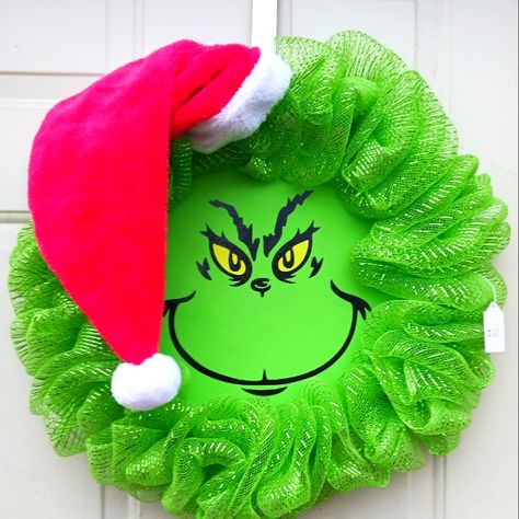 Handcrafted 18 Inch Deco Mesh Wreath. Deco Mesh Christmas Decorations, Grinch Head Door Hanger, Grinch Christmas Decorations Bathroom, Funny Wreath Ideas, Grinch Welcome Sign Front Door, Grinch Pizza Pan Wreath, Grinch Diy Wreath, Grinch Door Hanger Wood, Grinch Theme Door Decorations