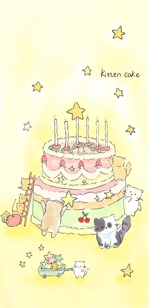 Birthday Cat Wallpaper, Happy Birthday Cute Wallpaper, Birthday Themed Wallpaper, Kawaii Birthday Drawing, Kawaii Birthday Cake Drawing, Kawaii Birthday Wallpaper, Birthday Cake Illustration Drawing, Christmas Cake Drawing, Birthday Cake Drawing Aesthetic