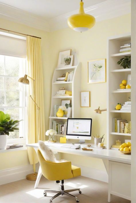 interior design, home decor, space planning, kitchen designs Home Office Ideas Yellow, Office Yellow Walls, Yellow Office Walls, Airy Home Office, Yellow Home Office, Bright Airy Home, Easy Chile, Workspace Home, Airy Home