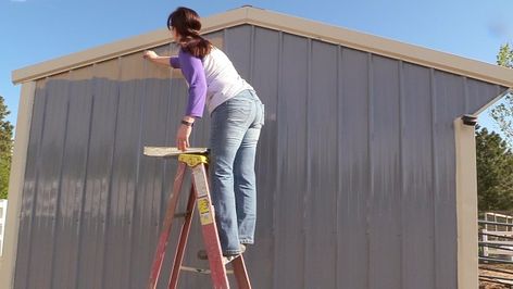 Metal Storage Building Makeover, Metal Building Paint Ideas, Painting Metal Storage Building, Metal Building Makeover, Painted Metal Building, Painting Metal Buildings, Painting Metal Siding Houses, Paint Metal Building, Aluminum Shed Makeover