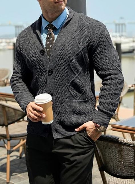 The Men's Casual Shawl Collar Cardigan Sweater is a slim-fit, cable-knit design featuring a button-up front and convenient pockets. Its shawl collar adds a stylish touch, perfect for layering in casual or semi-formal outfits. Ideal for cooler weather, it combines comfort, warmth, and a modern look. Cardigan Outfit Men Formal, Formal Sweater, Classy Sweater, Elegant Classy Outfits, Mens Business Casual Outfits, Semi Formal Outfits, Formal Men Outfit, Classy Outfits Men, Shawl Collar Cardigan