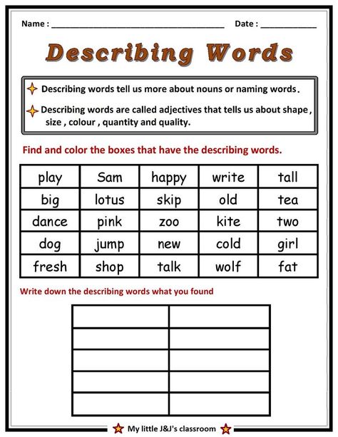 Describing Words Grade 2, Describing Words For Grade 1, Describing Words Worksheet For Grade 1, Describing Words Worksheet, English Conversation Worksheets, Pronoun Worksheet, Class Worksheets, English Conversation For Kids, Articles Worksheet