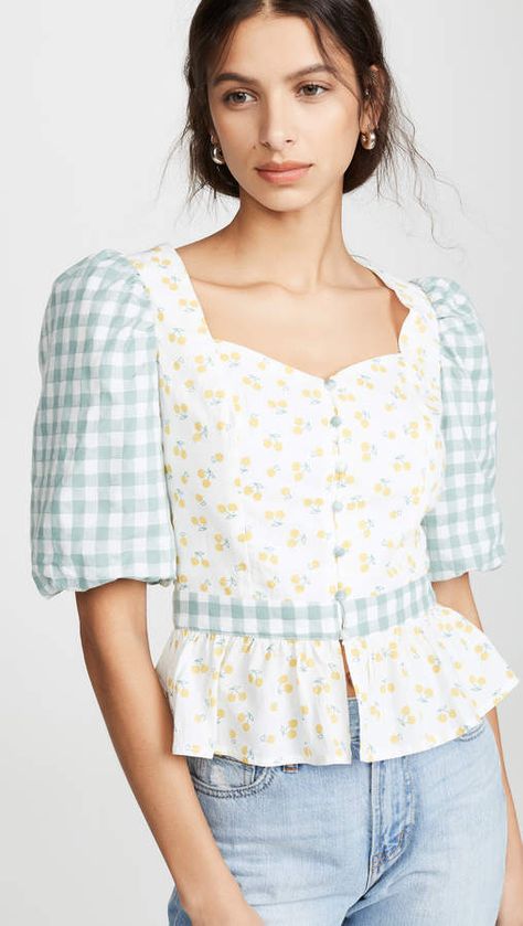 ENGLISH FACTORY Ditsy Cherry Peplum Top Neon Sandals, Cute Summer Tops, English Factory, Gingham Tops, Peplum Hem, Spring Tops, Puff Sleeve Top, China Fashion, Looks Style