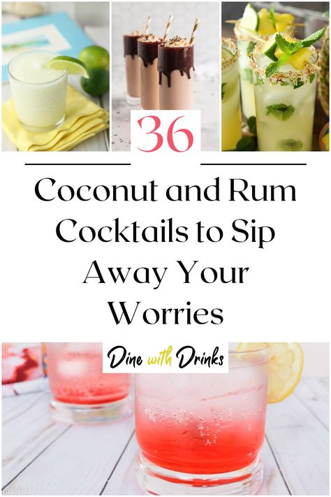 Collage of 4 coconut and rum cocktails. Creamy Rum Cocktails, Coconut Rum Cocktails, Coconut Rum Drinks, Tropical Desserts, Rum Cocktail Recipes, Yummy Alcoholic Drinks, Rum Cocktails, Rum Drinks, Rum Cocktail