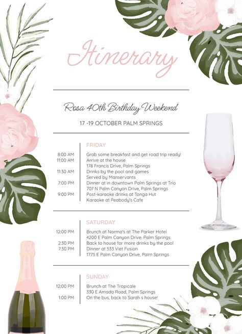 Get a free and easy-to-edit online Google Docs event itinerary template. Itenery Template, Itinary Template, Event Itinerary Design, Birthday Itinerary Ideas, Itenerary Travel Design, Engagement Party Itinerary, How To Make An Itinerary, Anniversary Party Itinerary, 30th Birthday Itinerary