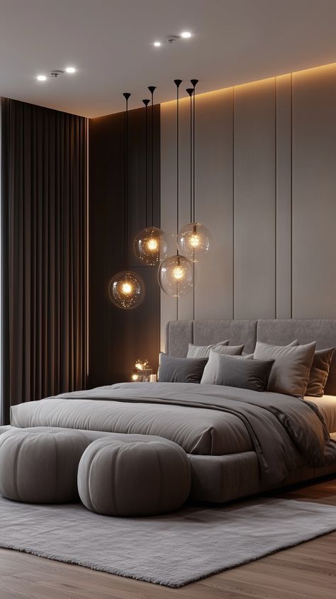 Dark Master Room Ideas, Moody Light Bedroom, Dark Bedroom Lighting, Dark Modern Luxury Bedroom, Hotel Room Bed Design, Moody Contemporary Bedroom, Masterbedroom Bedroom Interior, Modern Contemporary Bedroom Design Ideas, Dark Contemporary Bedroom