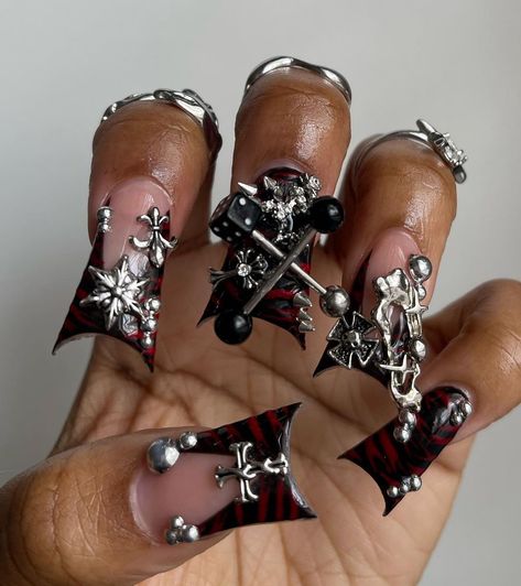 Black Junk Nails, Junk Nails, Red Acrylic Nails, Punk Nails, Duck Nails, Hard Nails, Girly Acrylic, Drip Nails, Ombre Acrylic Nails