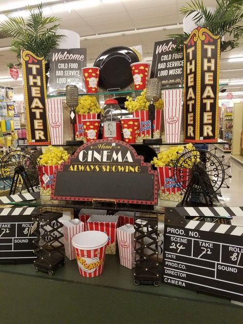 movie theatre theme Movie Theater Halloween Theme, Retro Movie Room, Movie Themed Rooms, Movie Theater Theme, Hobby Lobby Displays, Themed Room Decor, Theater Room Decor, Movie Theater Rooms, Movie Room Decor