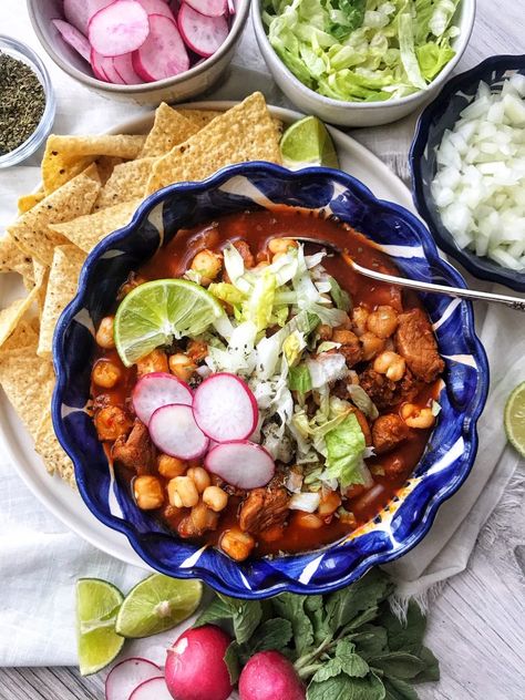 Pozole Aesthetic, Navajo Food, Red Pozole, Mexican Pozole, Canned Hominy, Pozole Recipe, Mexican Dinner Recipes, Mexican Soup, Dried Peppers