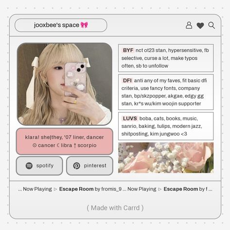 #cute #aesthetic #kpop #carrd Card Inspo Kpop, Aesthetic Carrds, Overlays Cute, Card Inspo, Carrd Inspo, Pink Coquette, Fancy Fonts, Cute Fonts, Cute Notes