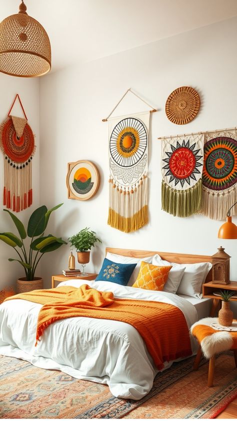 Cozy bedroom with a bohemian style, featuring vibrant wall hangings, an orange throw blanket, and decorative pillows. Orange Boho Bedroom, Dark Teal Bedroom Ideas, Orange Drapes, Comfortable Reading Nook, Light Blue Kitchens, Bedroom Eclectic, Textured Fabrics, Bright Pillows, Teal Bedroom