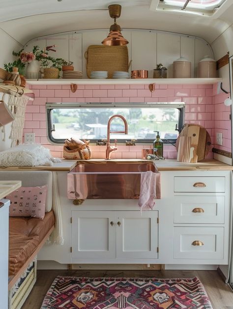 95+ Boho and Hippie Camper Design Ideas - TastyInteriors Girly Camper Remodel, Pink Camper Interior, Airstream Remodel Interior, Interior Camper Ideas, Boho Pop Up Camper, Cute Camper Interior, Girly Camper, Tiny Home Inside, Boho Remodel